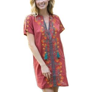 NATURAL LIFE Sz M Brick Red Floral Embroidered Neck Tassel S/S Boho Midi Dress